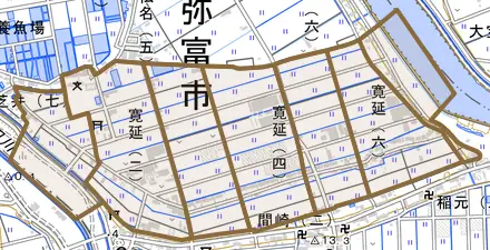 寛延とその周辺の地図。町の範囲を重ねている
