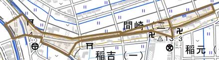間崎とその周辺の地図。町の範囲を重ねている