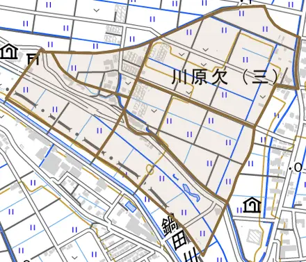 川原欠とその周辺の地図。町の範囲を重ねている