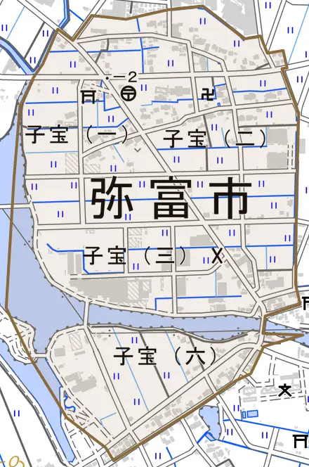 子宝とその周辺の地図。町の範囲を重ねている