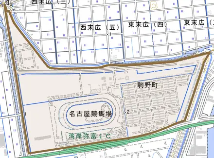 駒野町とその周辺の地図。町の範囲を重ねている