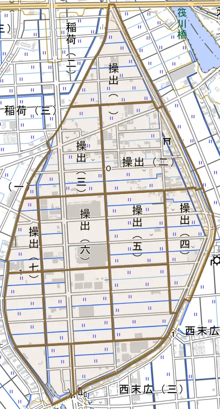 操出とその周辺の地図。町の範囲を重ねている