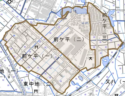 前ケ平とその周辺の地図。町の範囲を重ねている