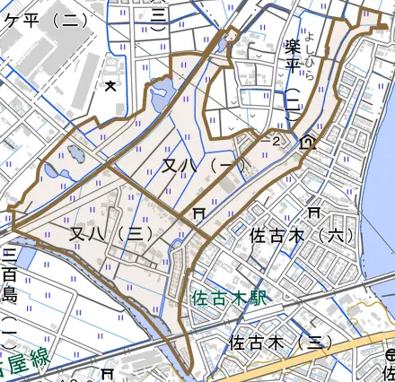 又八とその周辺の地図。町の範囲を重ねている