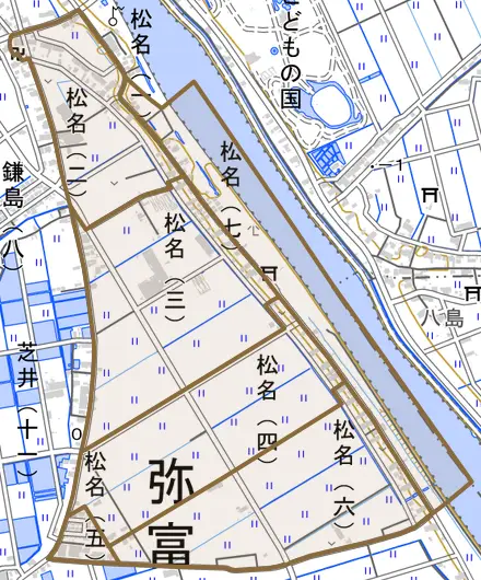 松名とその周辺の地図。町の範囲を重ねている
