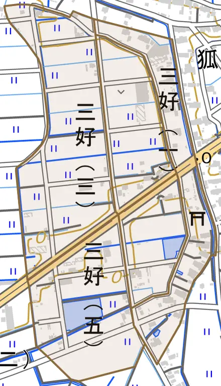 三好とその周辺の地図。町の範囲を重ねている