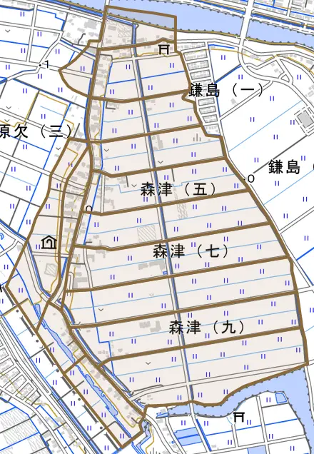 森津とその周辺の地図。町の範囲を重ねている