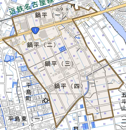鍋平とその周辺の地図。町の範囲を重ねている