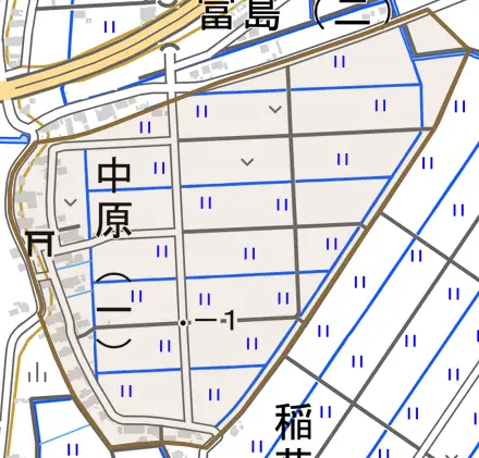 中原とその周辺の地図。町の範囲を重ねている
