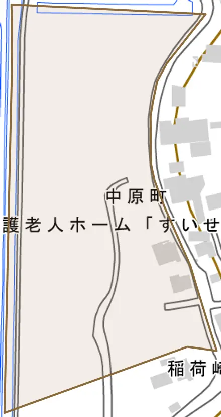 中原町とその周辺の地図。町の範囲を重ねている