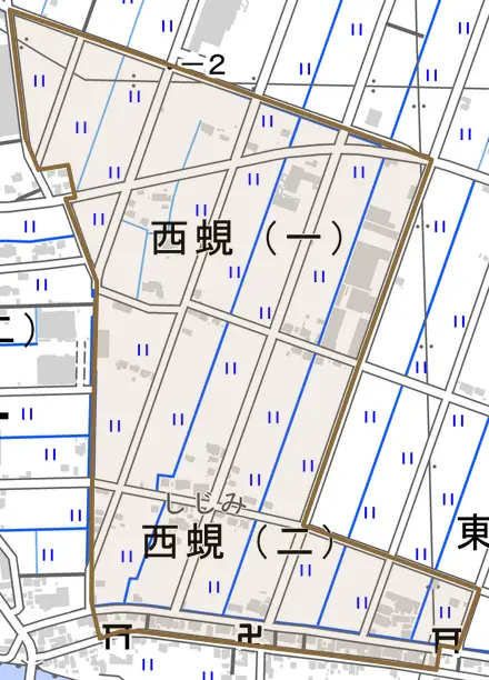 西蜆とその周辺の地図。町の範囲を重ねている