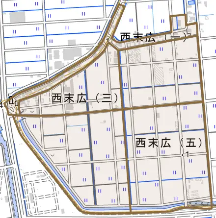 西末広とその周辺の地図。町の範囲を重ねている