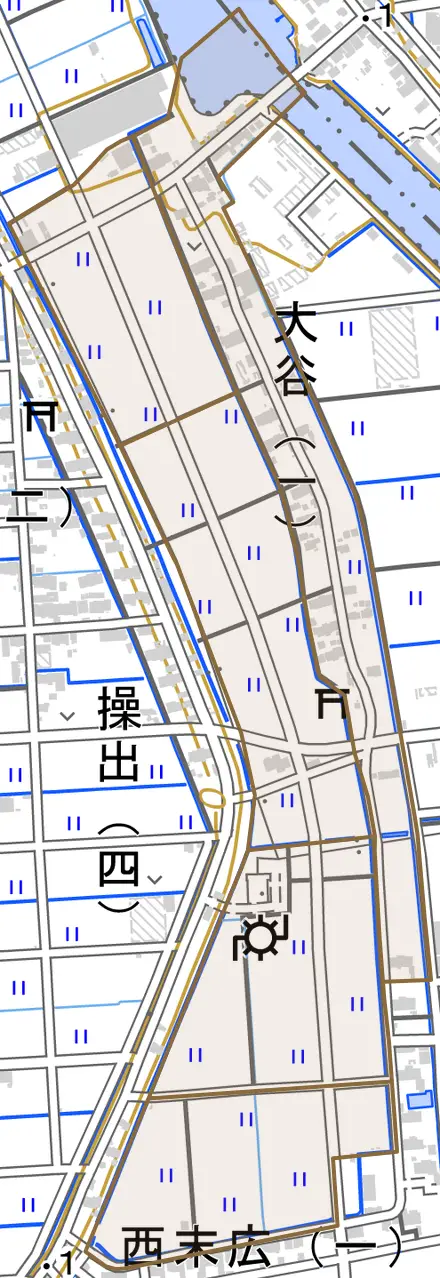 大谷とその周辺の地図。町の範囲を重ねている