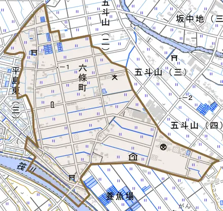 六條町とその周辺の地図。町の範囲を重ねている