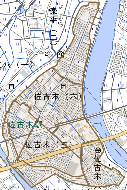 佐古木とその周辺の地図。町の範囲を重ねている