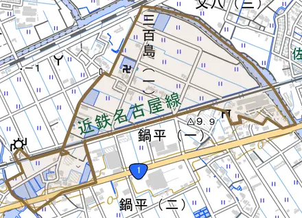 三百島とその周辺の地図。町の範囲を重ねている