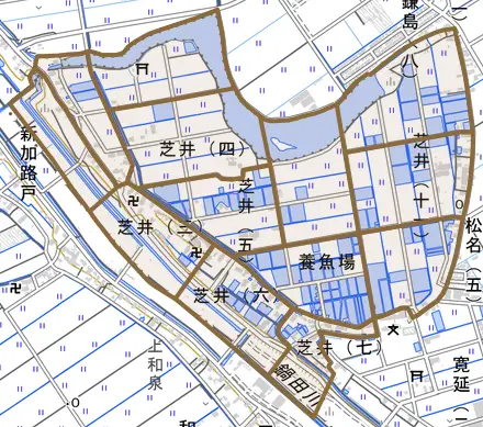 芝井とその周辺の地図。町の範囲を重ねている