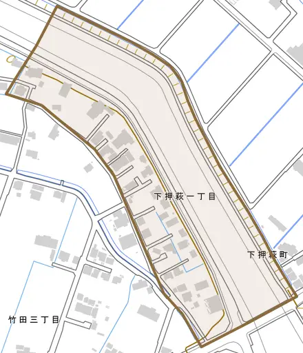 下押萩とその周辺の地図。町の範囲を重ねている