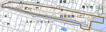 四郎兵衛とその周辺の地図。町の範囲を重ねている