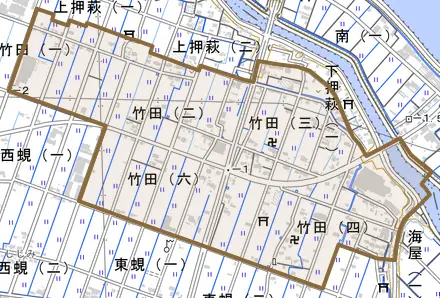 竹田とその周辺の地図。町の範囲を重ねている