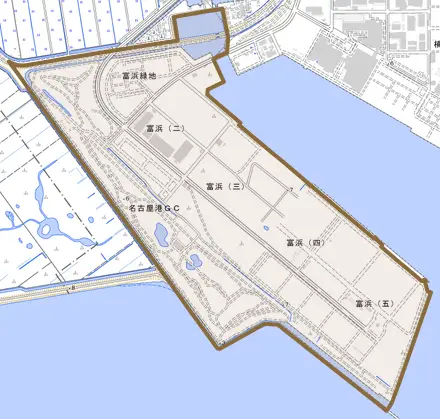 富浜とその周辺の地図。町の範囲を重ねている