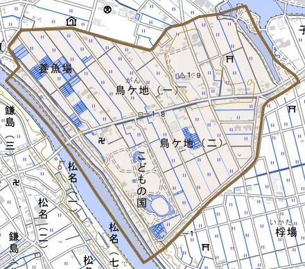 鳥ケ地とその周辺の地図。町の範囲を重ねている
