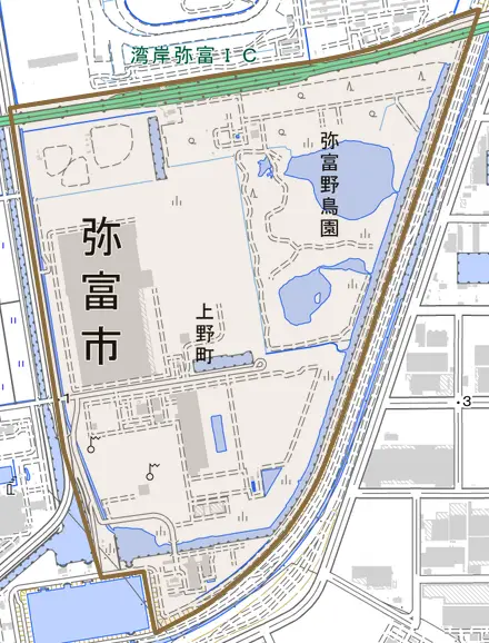 上野町とその周辺の地図。町の範囲を重ねている