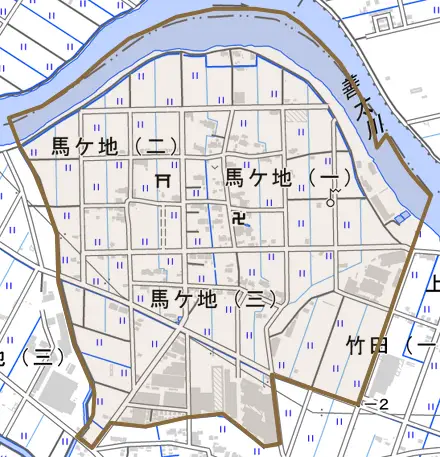 馬ケ地とその周辺の地図。町の範囲を重ねている