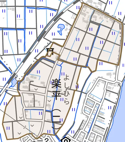 楽平とその周辺の地図。町の範囲を重ねている