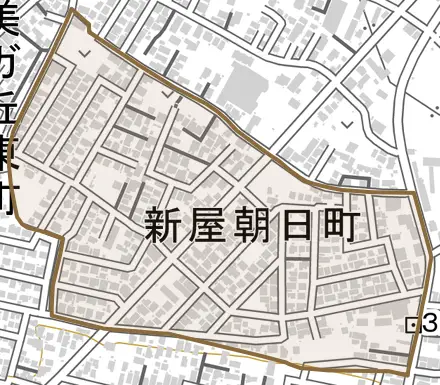 新屋朝日町とその周辺の地図。町の範囲を重ねている