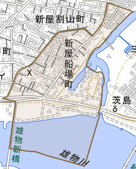 新屋船場町とその周辺の地図。町の範囲を重ねている