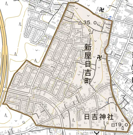 新屋日吉町とその周辺の地図。町の範囲を重ねている