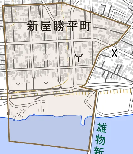 新屋勝平町とその周辺の地図。町の範囲を重ねている