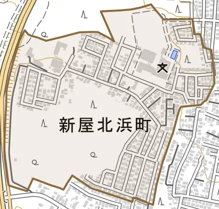 新屋北浜町とその周辺の地図。町の範囲を重ねている