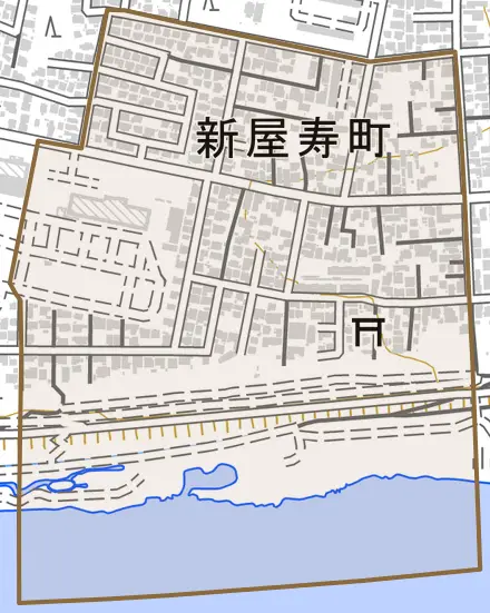 新屋寿町とその周辺の地図。町の範囲を重ねている