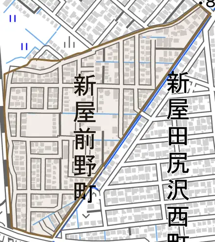 新屋前野町とその周辺の地図。町の範囲を重ねている