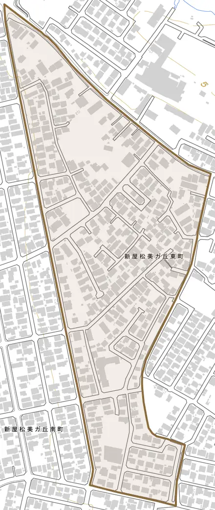 新屋松美ガ丘東町とその周辺の地図。町の範囲を重ねている
