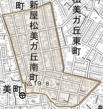 新屋松美ガ丘南町とその周辺の地図。町の範囲を重ねている