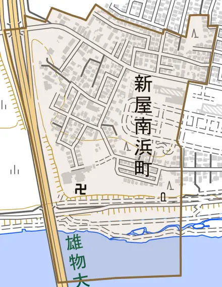 新屋南浜町とその周辺の地図。町の範囲を重ねている