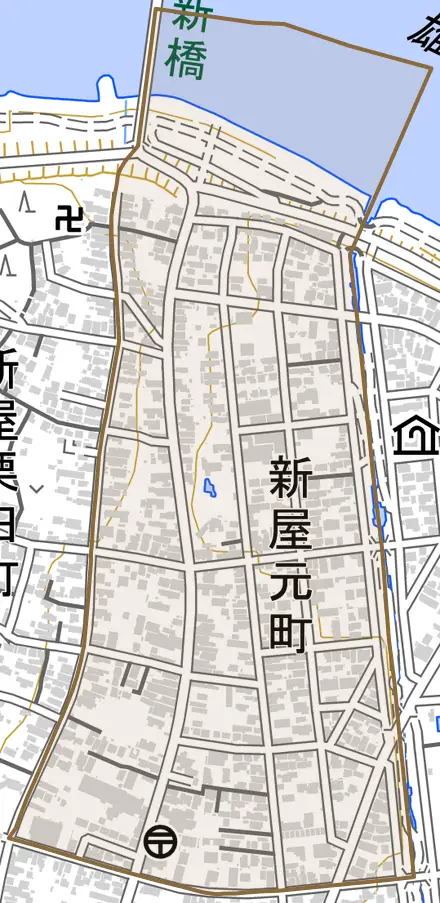 新屋元町とその周辺の地図。町の範囲を重ねている