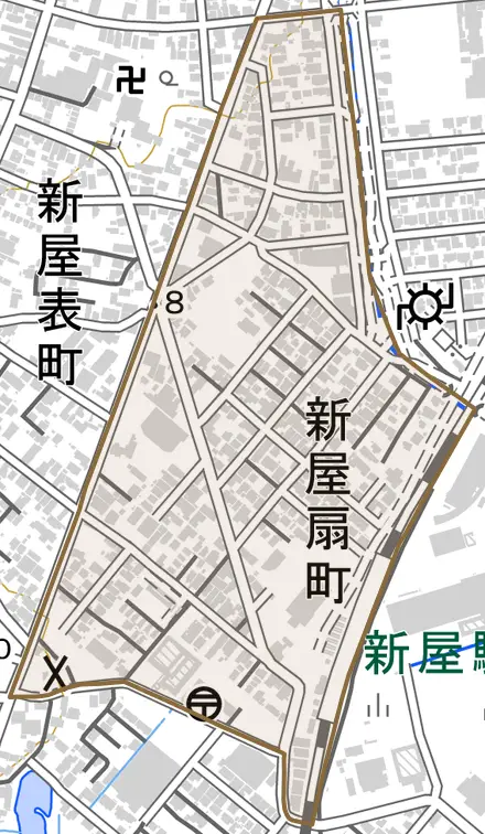 新屋扇町とその周辺の地図。町の範囲を重ねている