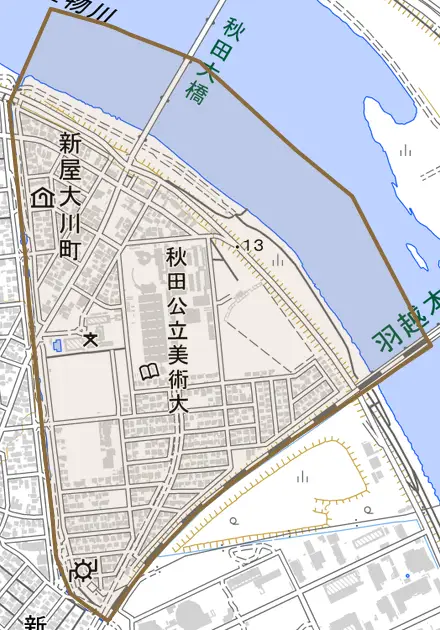 新屋大川町とその周辺の地図。町の範囲を重ねている