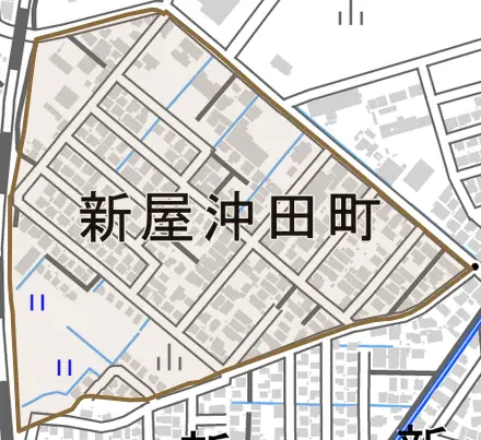 新屋沖田町とその周辺の地図。町の範囲を重ねている