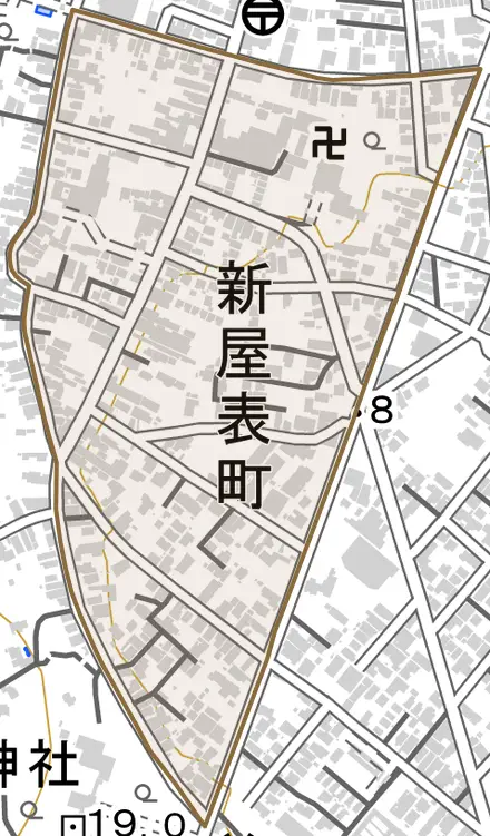 新屋表町とその周辺の地図。町の範囲を重ねている