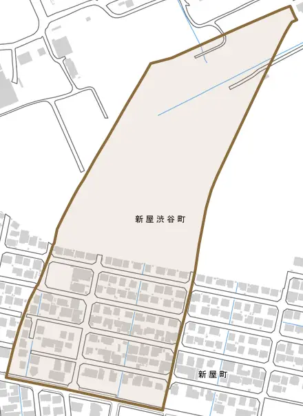 新屋渋谷町とその周辺の地図。町の範囲を重ねている
