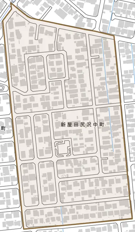 新屋田尻沢中町とその周辺の地図。町の範囲を重ねている