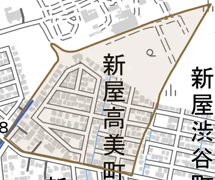 新屋高美町とその周辺の地図。町の範囲を重ねている