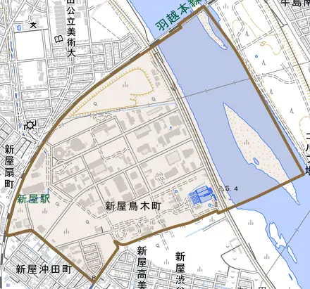 新屋鳥木町とその周辺の地図。町の範囲を重ねている