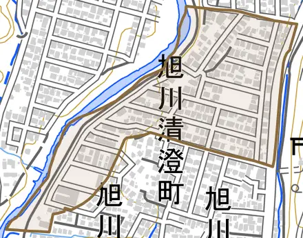 旭川清澄町とその周辺の地図。町の範囲を重ねている