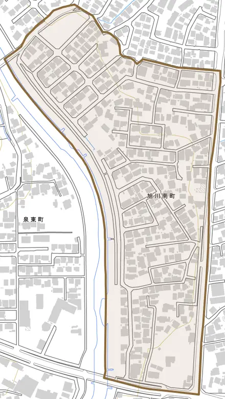 旭川南町とその周辺の地図。町の範囲を重ねている